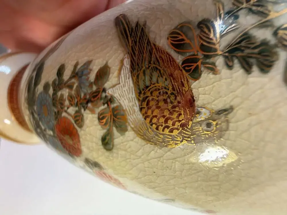 Vintage Japanese Satsuma Style Crackle Glaze Floral Bird‎ Vases Set of 2
